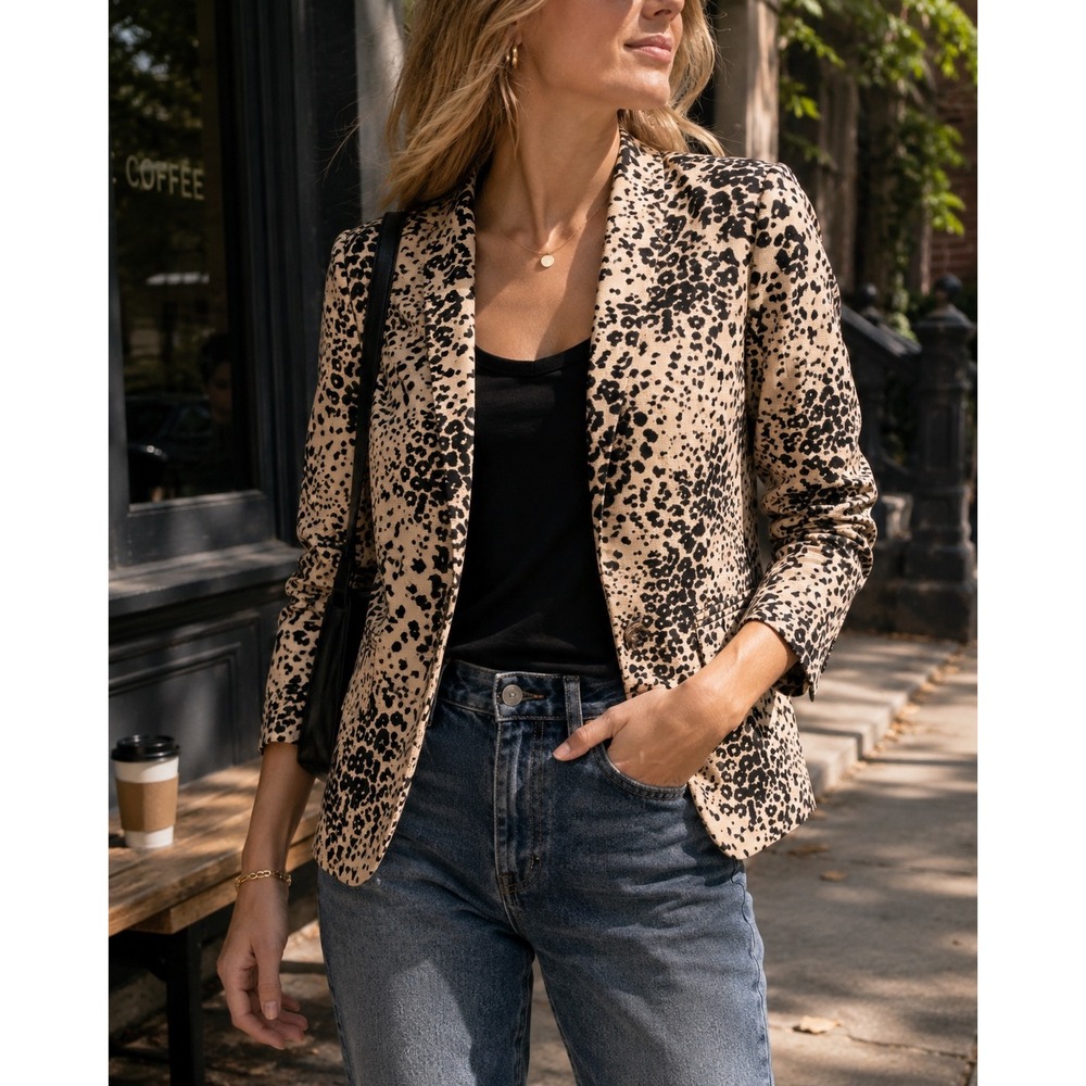 J.Crew Going-Out Blazer Leopard Animal Print Linen Lyocell Tan Black 0
